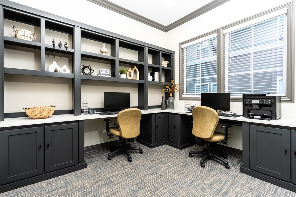 A black and white office with two chairs and a desk.