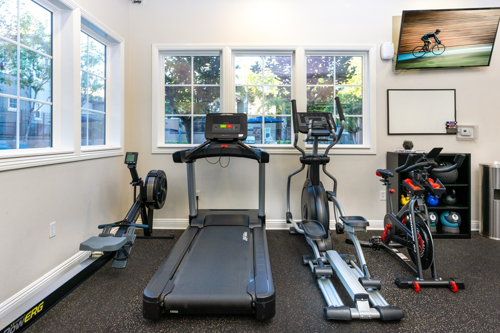 A home gym with a treadmill, exercise bike, and other equipment.