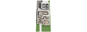 A floor plan of a house with two bedrooms, a living room, a kitchen, and a garage.