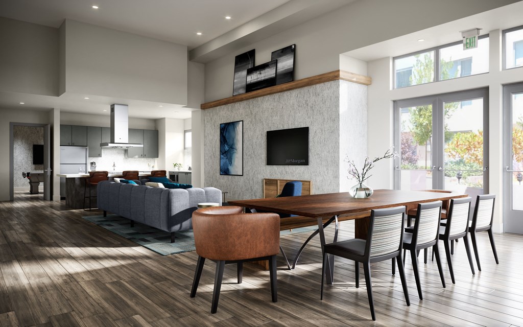 Apartments for Rent in Mission Bay, San Francisco CA - Spacious Clubhouse At Strata at Mission Bay with a Catering Kitchen, Dining Table, and Living Room Area with Plenty of Light