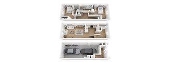 A top-down view of a two-bedroom apartment with a living room, kitchen, and two cars parked in the garage.