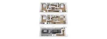 A top-down view of a house layout with two bedrooms, a living room, a kitchen, and a garage.