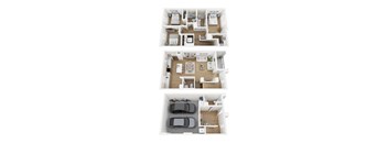 A set of three floor plans for a house with a garage.