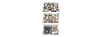 A set of three floor plans for a house with a garage.