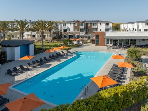 A swimming pool surrounded by orange umbrellas and lounge chairs.