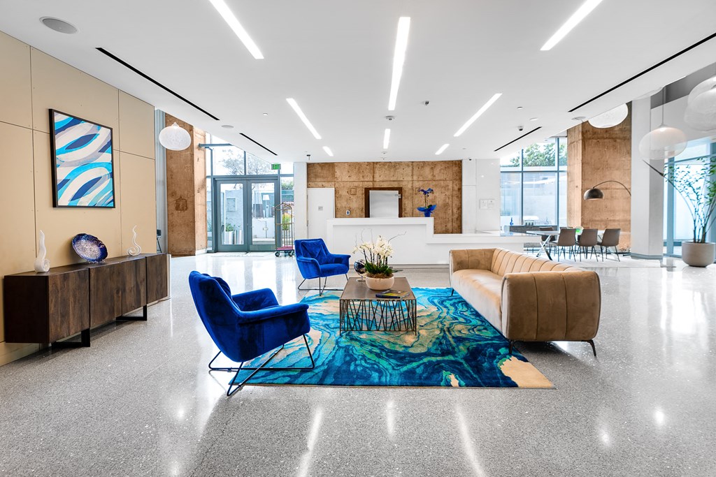 Lobby with couch and blue chair