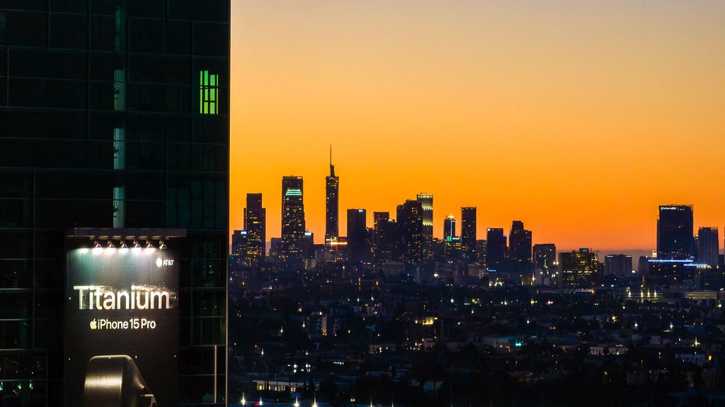 a view of the city skyline at sunset with Sunset Vine Towers