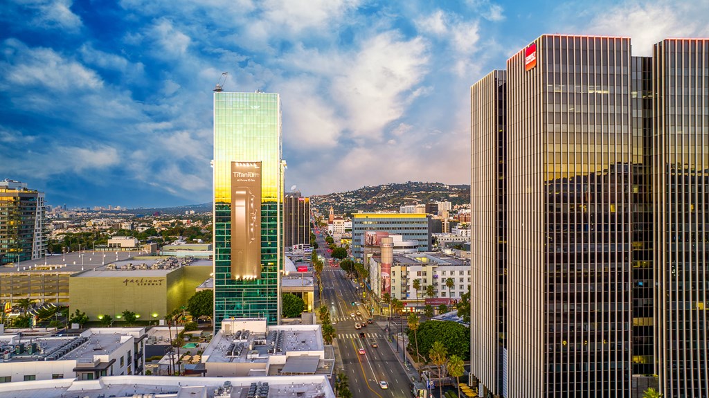 a view of the city with the Sunset Vine Towers building