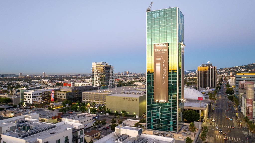 an aerial view of the city with Sunset Vine Towers