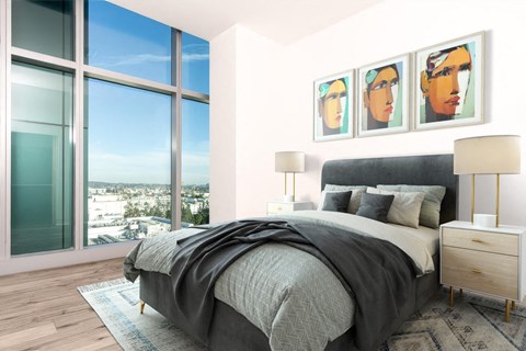 Apartments In Hollywood, CA - Sunset Vine Tower - Spacious Bedroom With Wood-Style Flooring, Floor-to-Ceiling Windows With City Views, And Soaring 13-Foot Ceilings
