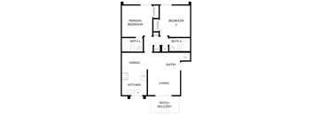 Santa Fe - 2 Bedroom 2 Bath Floor Plan Layout - 850 Square Feet