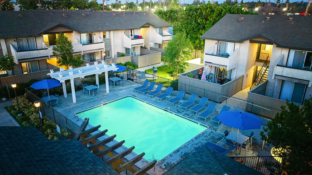 View of the pool at night at Sunstone Place, California, 92505