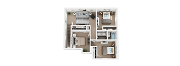 A top-down view of a small apartment with a bedroom, living room, kitchen, and bathroom.