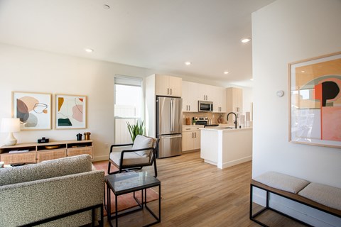 a living room with furniture and a kitchen in the background