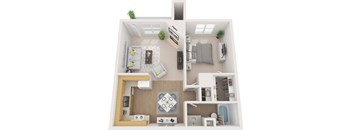A 3D model of a house with various rooms and furniture.