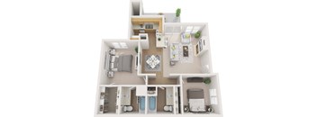A 3D floor plan of a house with a kitchen, living room, and bathrooms.