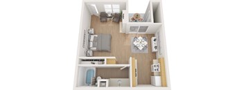 A 3D floor plan of a small apartment with a kitchen, living room, and bedroom.