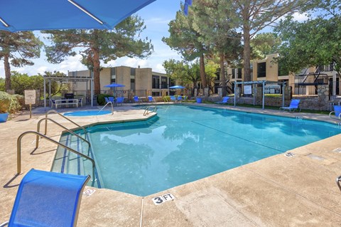 A swimming pool surrounded by trees and a building in the background.