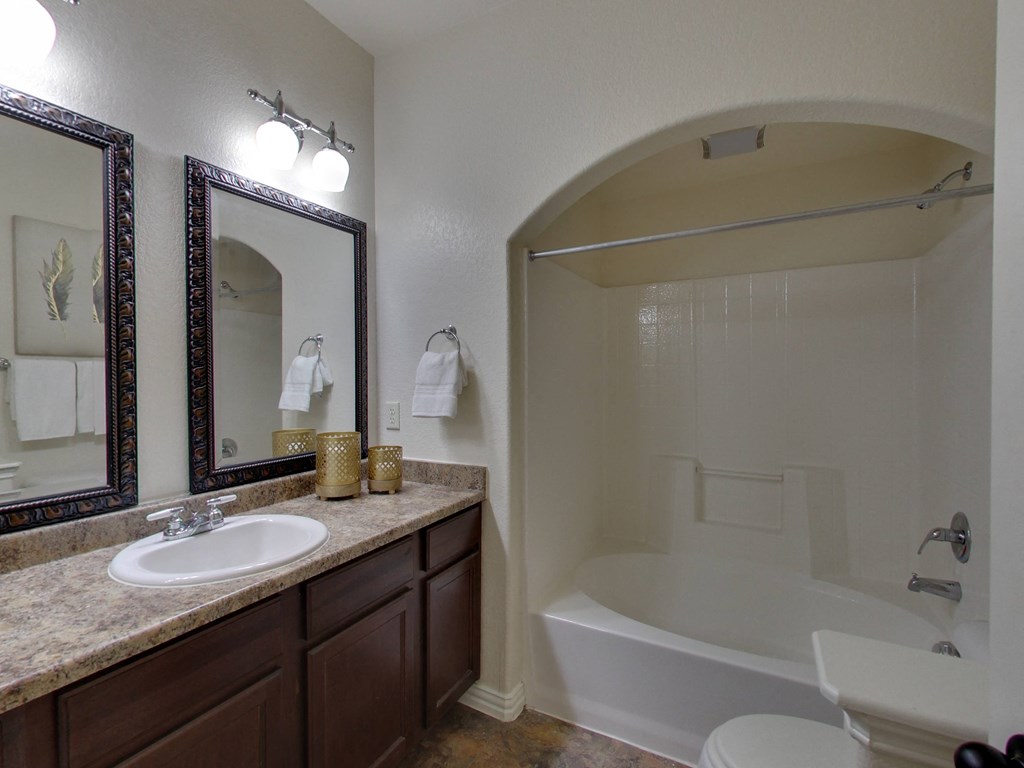 a bathroom with a tub and a sink and a mirror