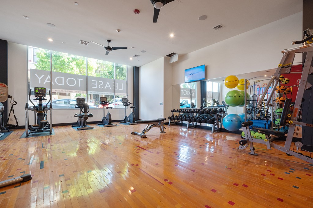 Apartments in Berkeley, CA, for Rent - The Addison - State-of-the-Art Fitness Facility with Stationary Bikes, Elliptical Machine, Free Weights, Bench Press, Exercise Balls, TV, Mirror Wall, and Ceiling Fans.