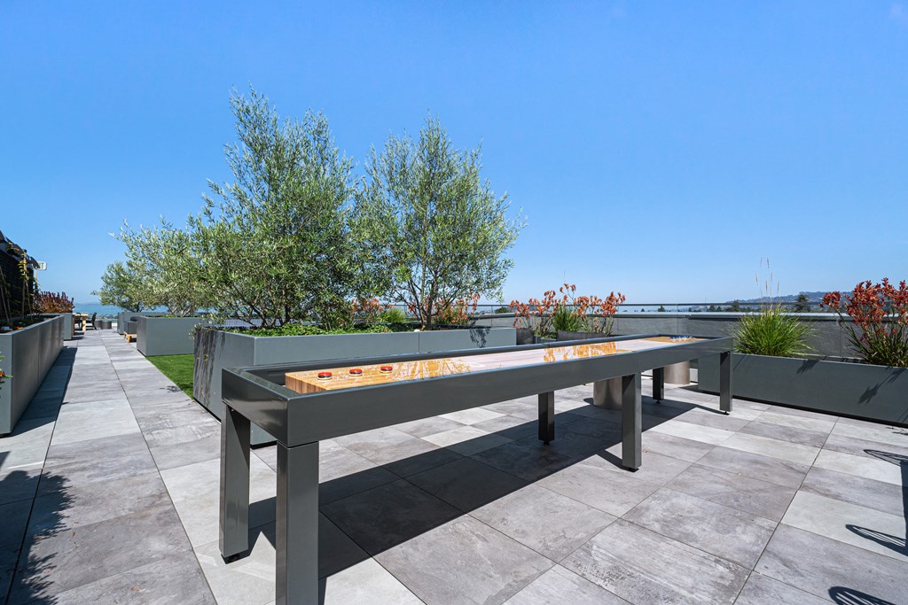 the outdoor ping pong table on the terrace of a building with trees