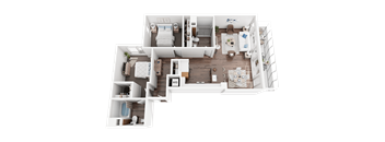 A detailed 3D floor plan of a two-bedroom apartment.