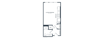A floor plan of a living and bedroom area with a kitchen and bathroom.
