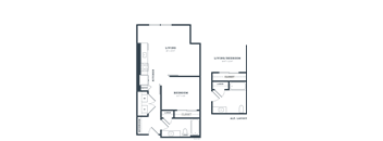 A floor plan of a house with a living room, two bedrooms, a closet, and a kitchen.