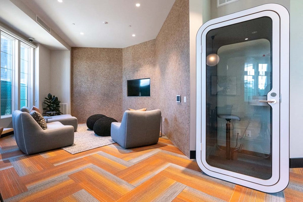 a living room with a large mirror