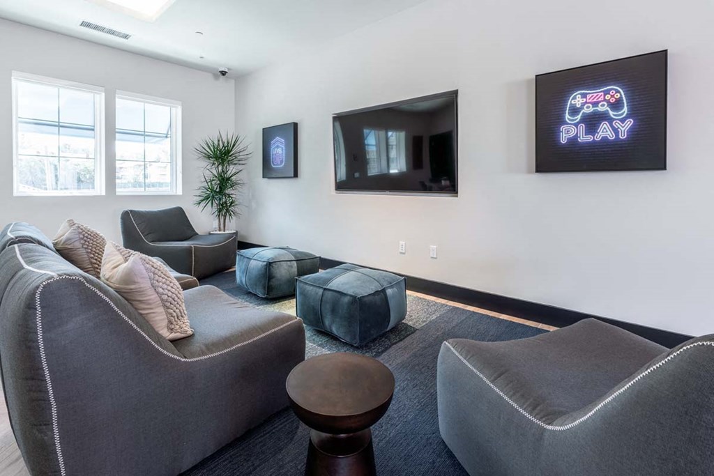 a living room with couches and chairs and a tv