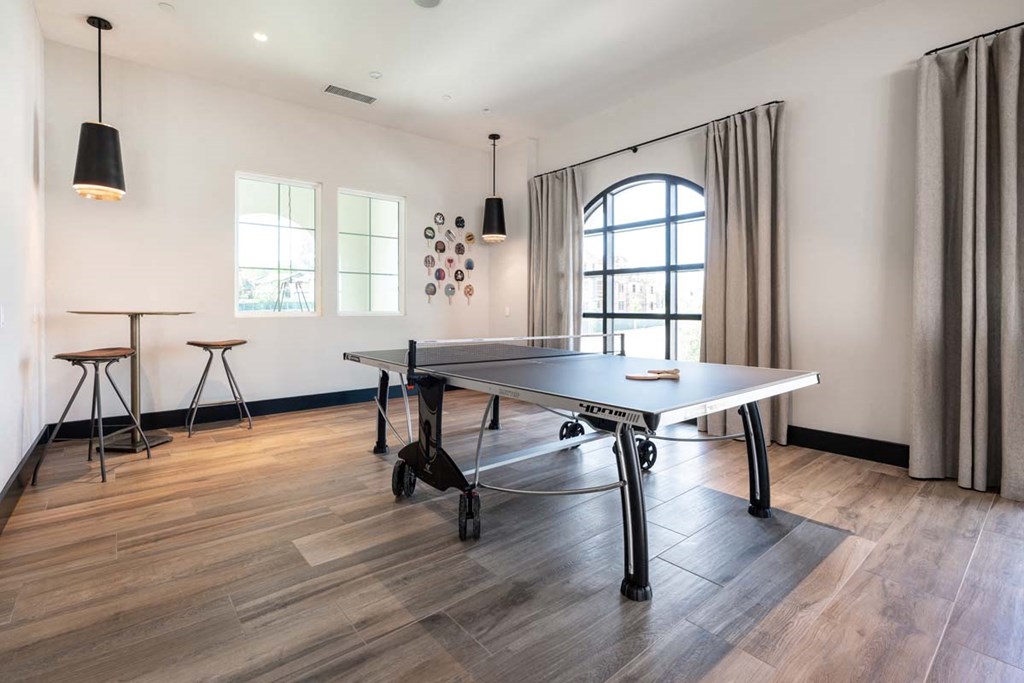 a games room with a ping pong table