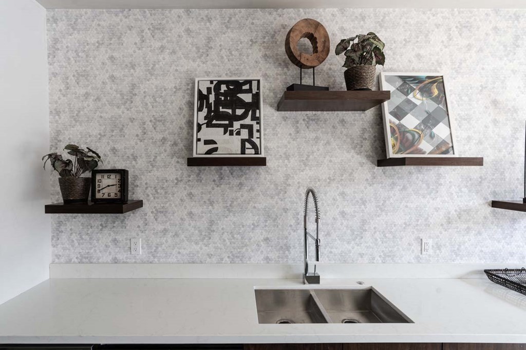 a kitchen with a sink and shelves on the wall