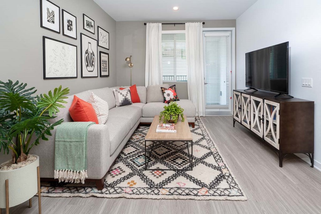 a living room with a couch and a television