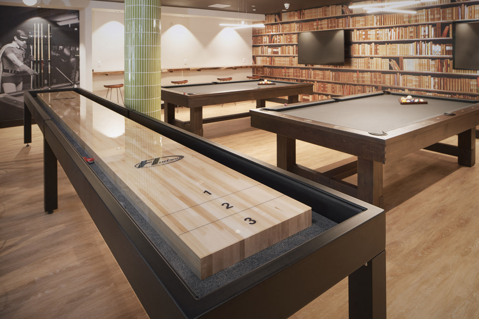 Mission Valley Apartments for Rent - Large Community Game Room with Two Billiards Tables, Two TVs, and Bar Seating.