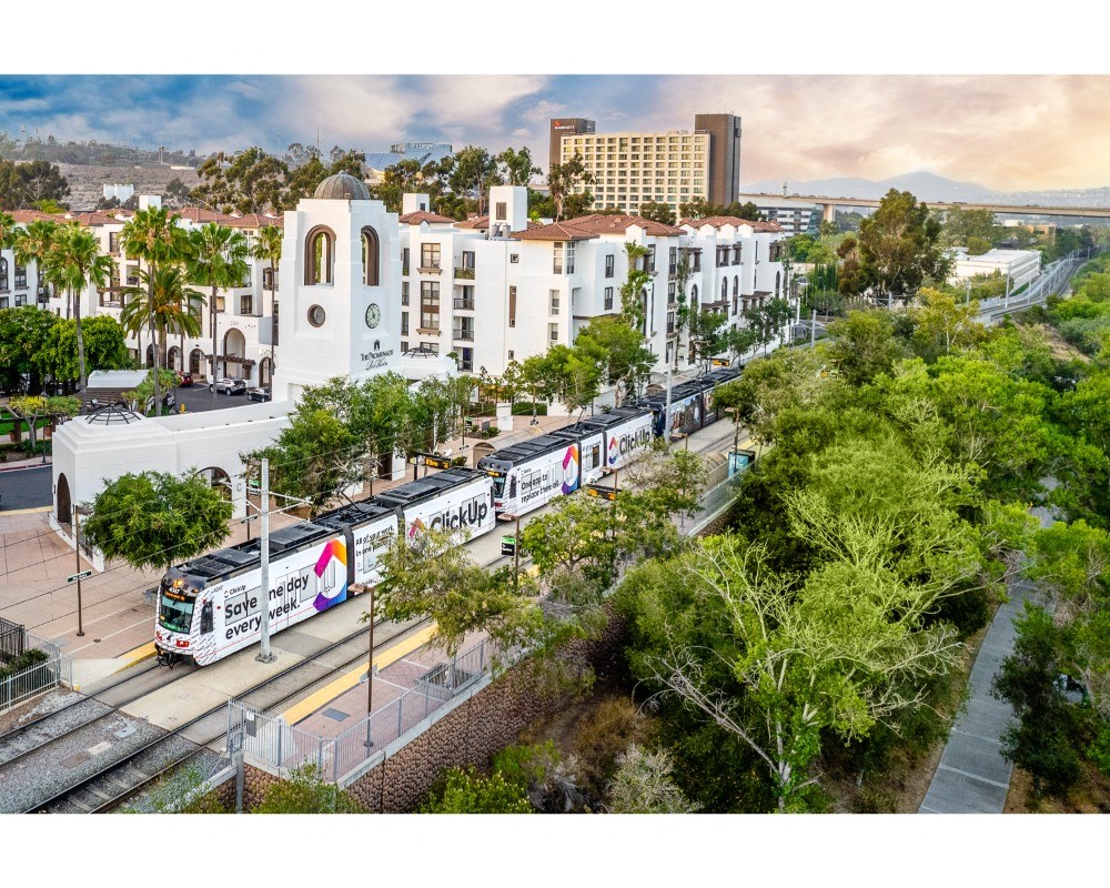 aerial view of san diego train station and promenade building at The Promenade Rio Vista, California