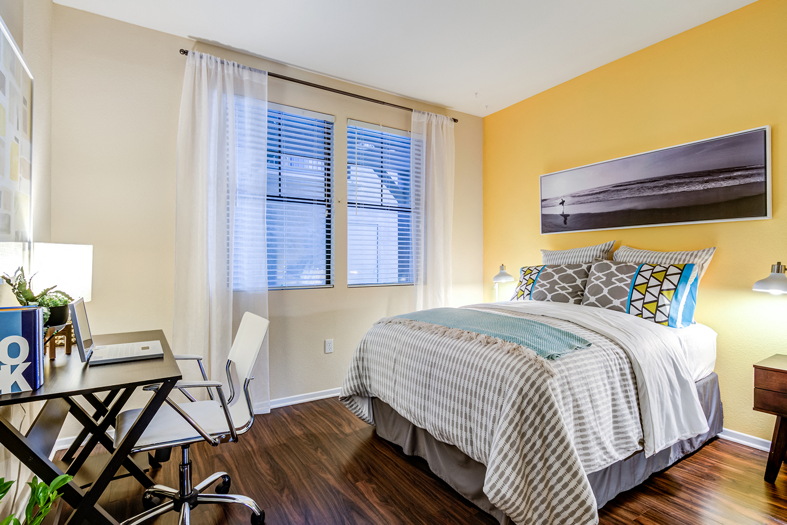 Pet-Friendly Apartments In Rancho Bernardo, San Diego, CA - The Reserve At 4S Ranch - Spacious Bedroom With High Ceilings, Modern Decor, Large Closets, Window, And Wood-Style Flooring
