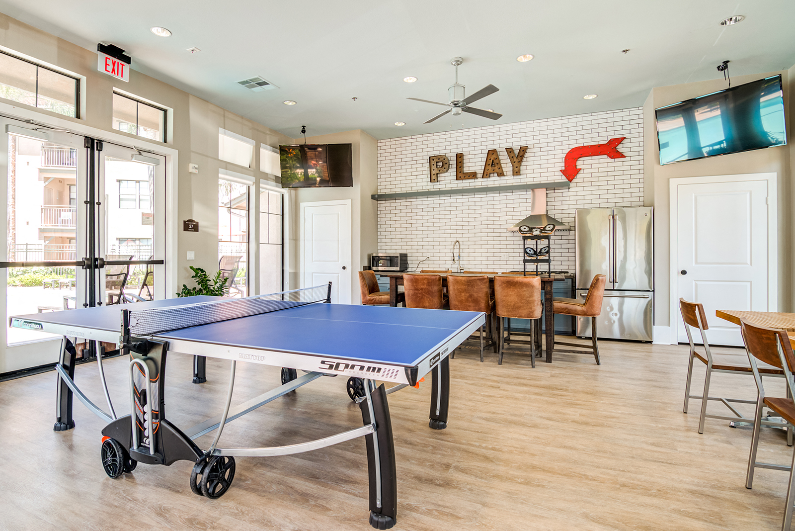Clubroom kitchen and ping pong table