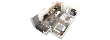 A 3D floor plan of a small apartment with a living room, kitchen, and bathroom.