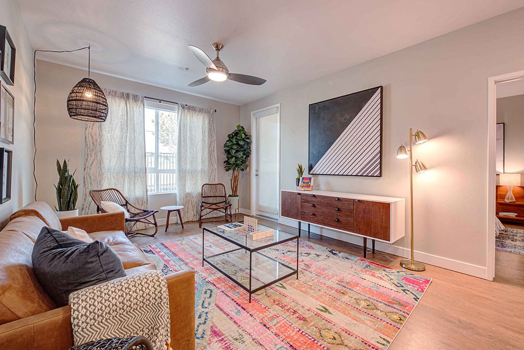 a living room with a couch and a coffee table