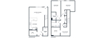 a blueprint of a floor plan of a house with two bedrooms and a living room