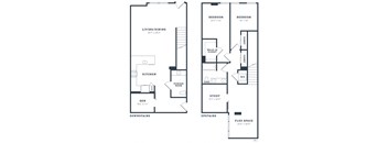 a blueprint of a floor plan of a house with two bedrooms and a living room