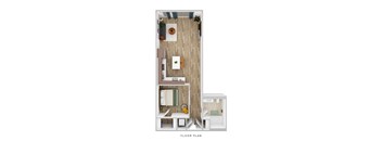 A floor plan of a small apartment with a bedroom, living room, and kitchen.