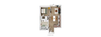 A floor plan of a small apartment with a kitchen, living room, and bathroom.