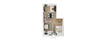 A floor plan of a small apartment with a living room, kitchen, and bathroom.