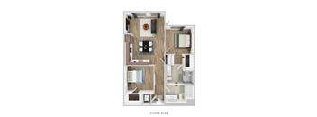 A floor plan of a small apartment with a kitchen, living room, and bathroom.