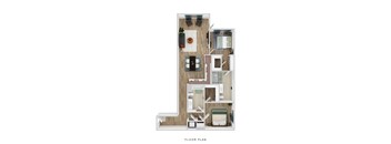 A floor plan of a house with a living room, kitchen, and two bedrooms.