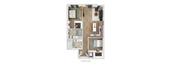 A floor plan of a small apartment with a kitchen, living room, and bathroom.