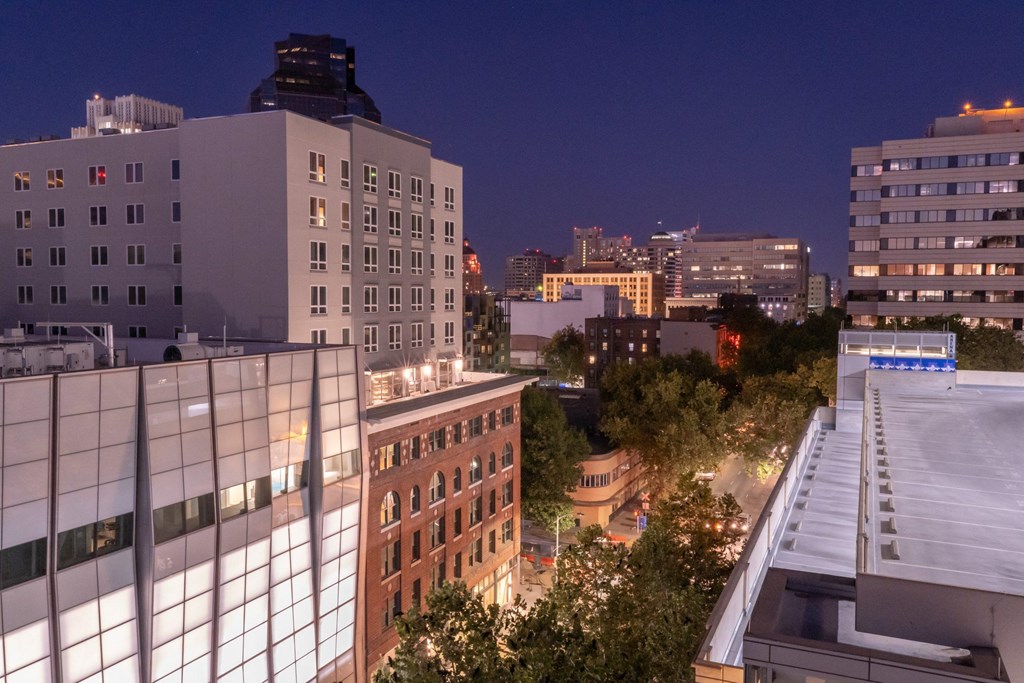 the view of the city from the roof of The Frederic at night