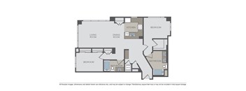 Two bedroom two bathroom floor plan with combined living dining area at The Grand Apartments, Oakland, CA 94612