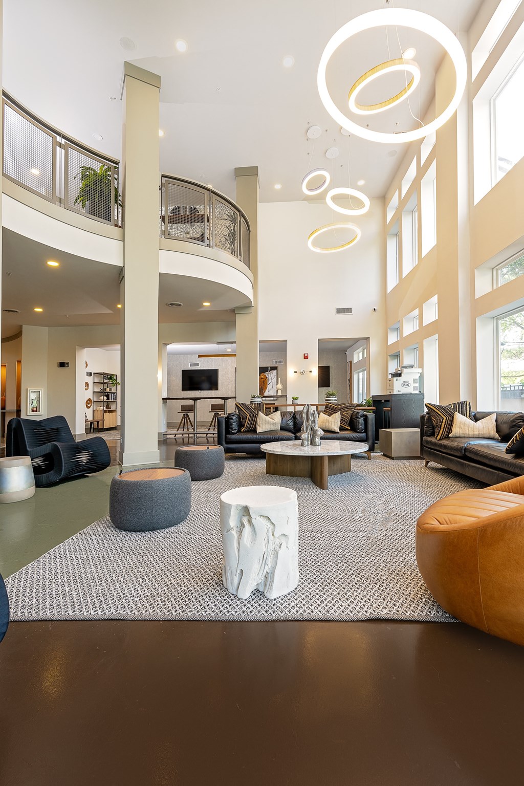 Lobby with seating and tables at Trend Design District, Dallas, TX 75207
